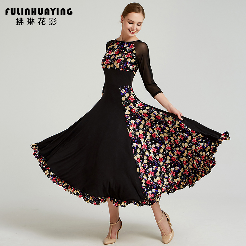 Marlene Floral Fashion Printed Foreign Dress Morden Dance Dress Large Swing Dress Social Dance Waltz Practice Skirt Dance Suit