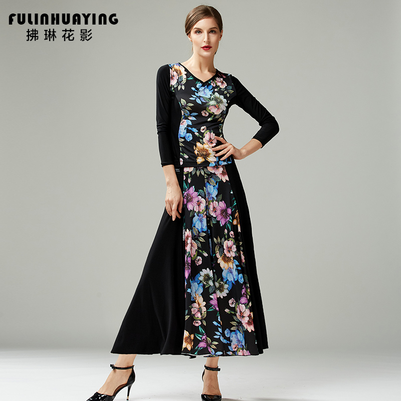 Pretlin floral printed morden dance dress for autumn and winter new national standard dance dress social dance long sleeve practice dress