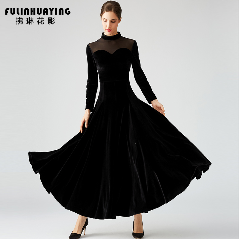 Predawn Flowers Shadow Autumn Winter New Dress Morden Thickened Warm Velvet Big Swing Social Dance Dance Foreign Dress Rehearse