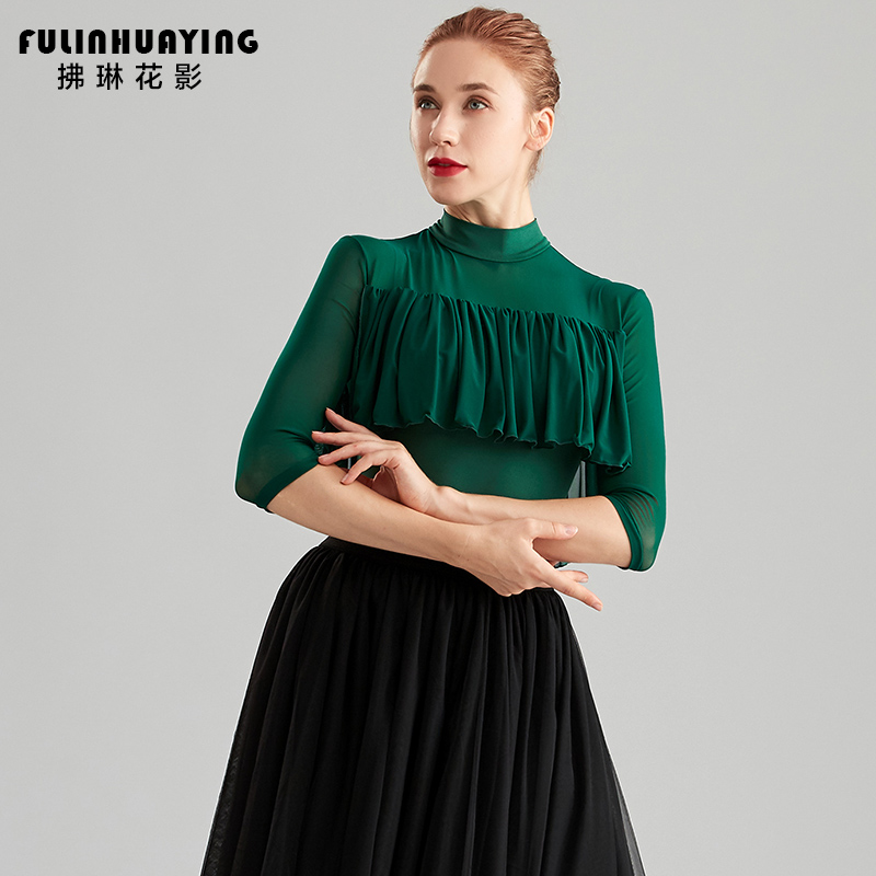 Predawn flower Moden dance practice Gongfu National Label dance blouses Chinese sleeves Latin dance dress Social dance stand blouses