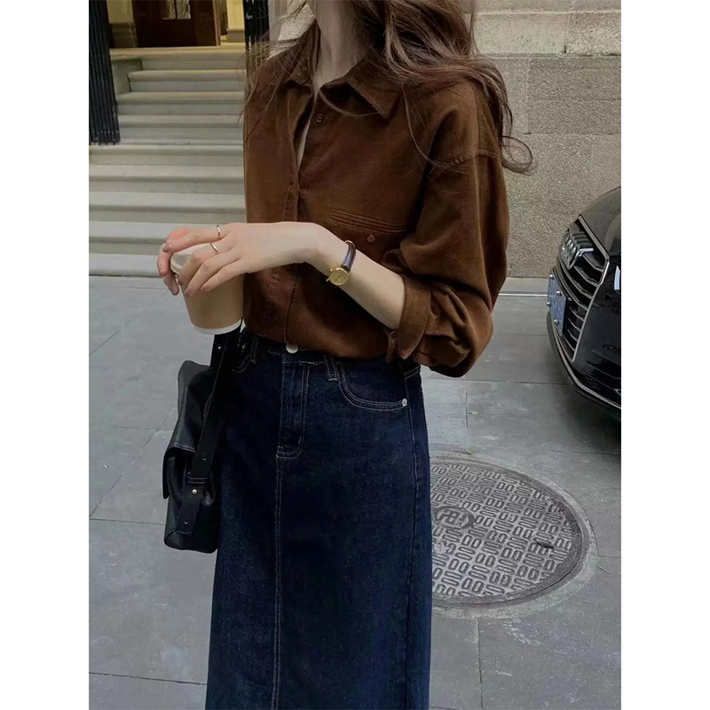 Autumn and Winter Melard Coffee-Colored Corduroy Shirt for Women, Korean Style, Retro, High-End, Flattering, Loose-Fitting, Elegant Top Autumn and Winter Melard Coffee-Colored Corduroy Shirt for Women, Korean Style, Retro, High-End, Flattering, Loose-Fitting, Elegant Top