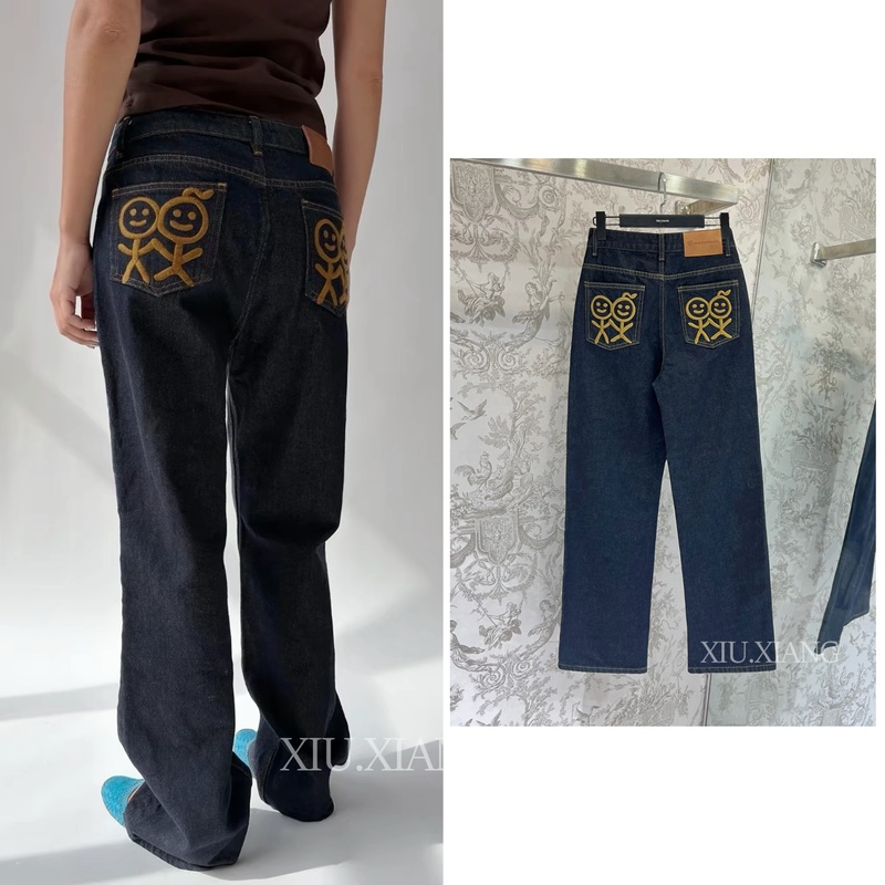 Different from All Other Markets】Song Yanfei's Same Style~ Stickman Embroidery Drapey Floor-Length Straight-Leg Jeans for Women, Autumn and Winter