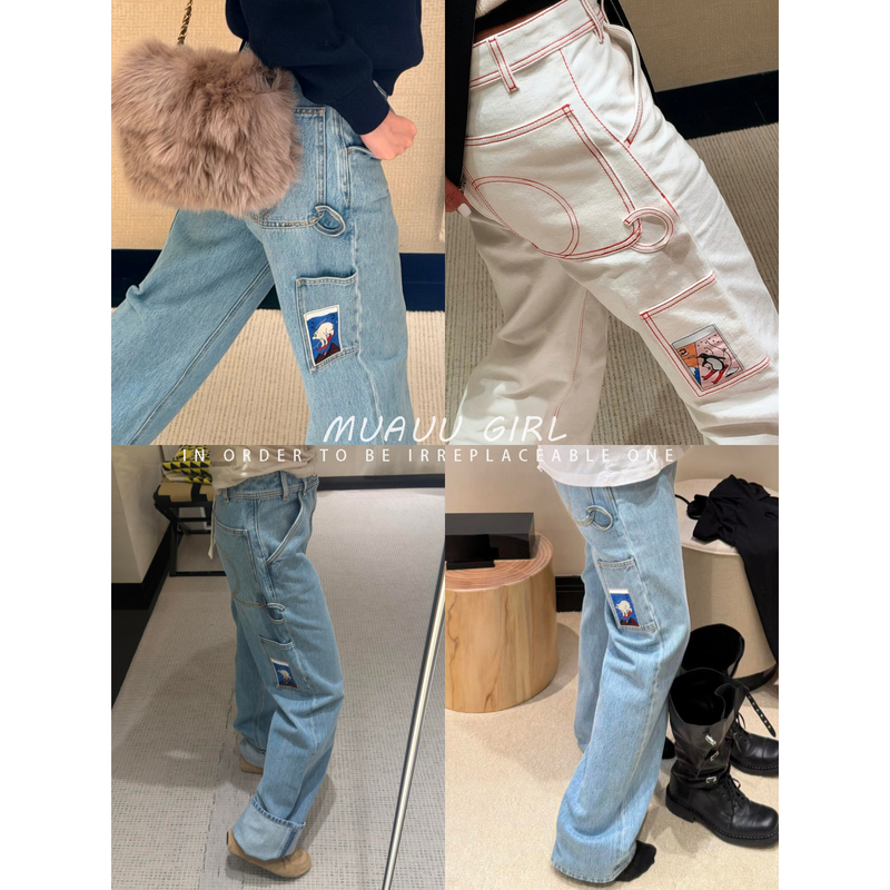 Muauu Girl 26N Ski Series! Custom-Dyed, Washed, Cartoon-Style Pocket-Decorated Straight-Leg Workwear Jeans