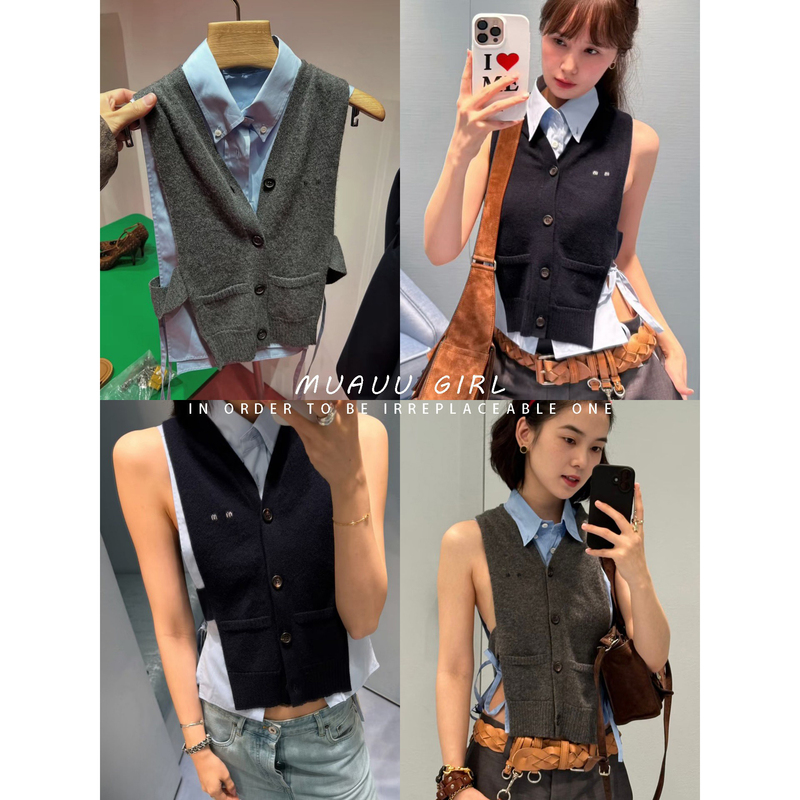 Muauu Girl Runway Style Layering! 26 Cashmere Letter Embroidery Sleeveless Shirt Knit Vest Cardigan Top