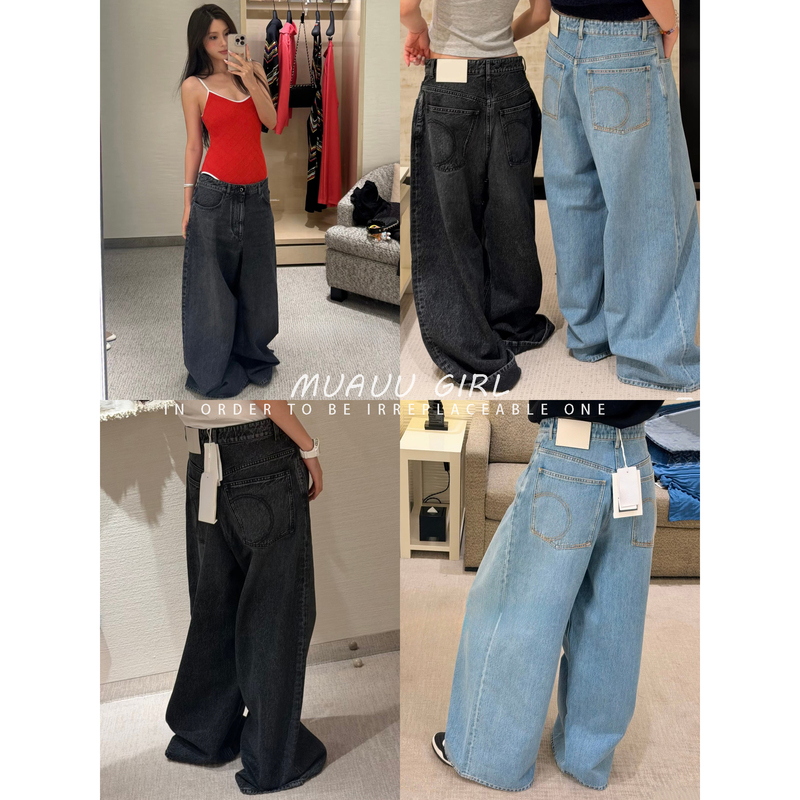 Muauu Girl Custom-Dyed Pants! 26A Washed Pocket Letter-Embroidered Wide-Leg Jeans Genuine Leather Straight-Leg Pants