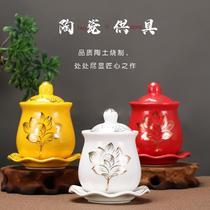 Ceramic offering cup with gold lotus cup holy water cup water purification cup Guanyin water supply triple cup water cup in front of Buddha Buddhist utensils