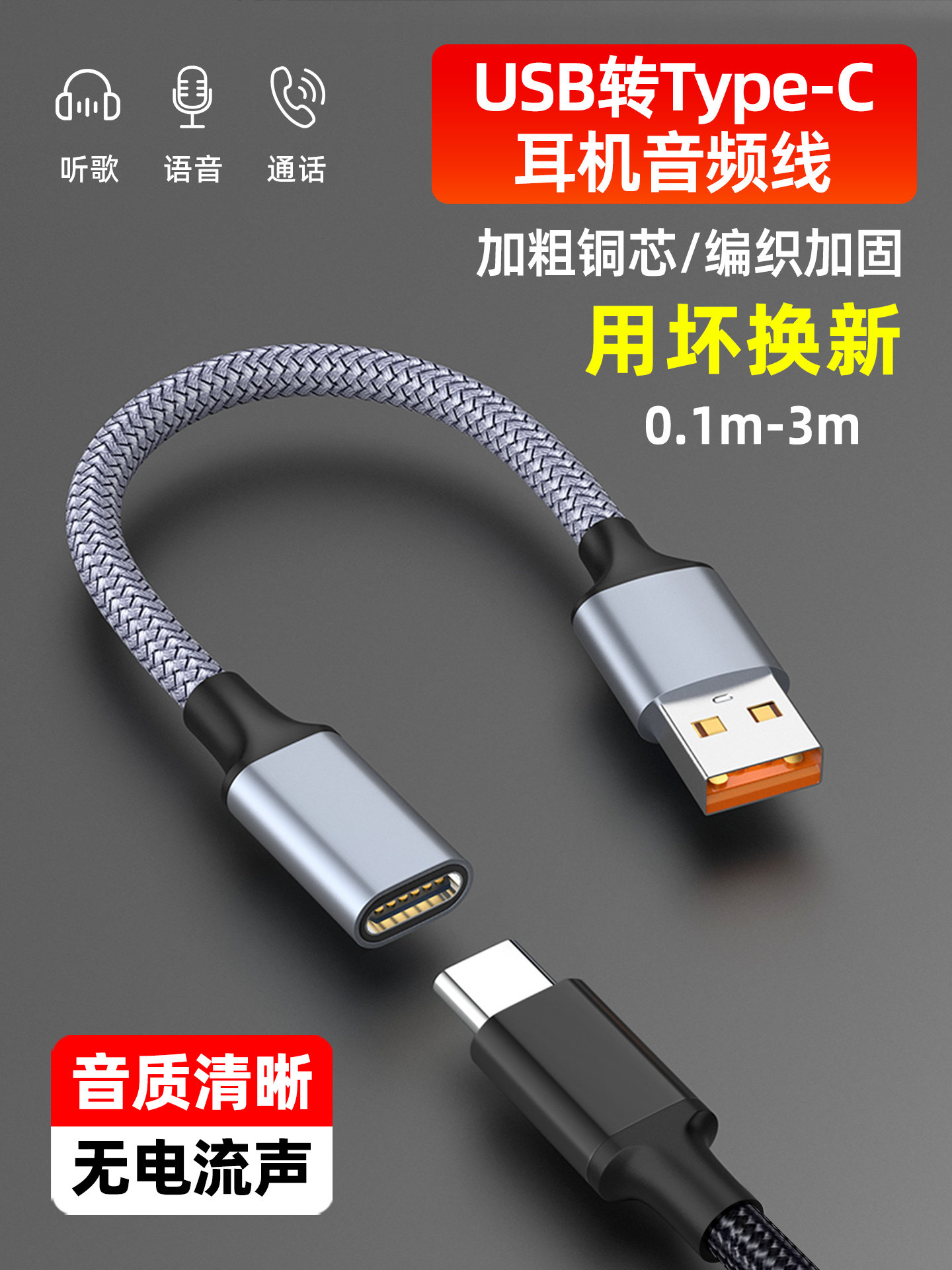 Sakore USB to Type-C Female Audio Adapter Extension Cable Suitable for Computer Host, Laptop, Tablet to Connect Type-C Voice Devices, Analog Data, Headphone Audio 2.3m