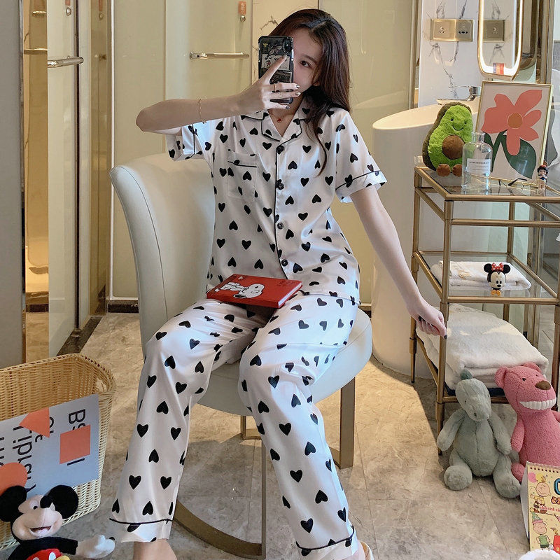 Ice Silk Sleepwear Lady Spring Autumn Summer Thin short sleeves Long pants Two-piece suit Silk Sexy Home Suits Extras
