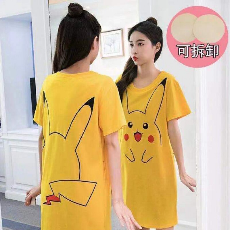 Pure Cotton Sleeping Skirt Woman Summer With Chest Cushion Short Sleeve Cartoon Exterior Wear Plus Fat Increase Yard Korean version pyjamas dress home clothes