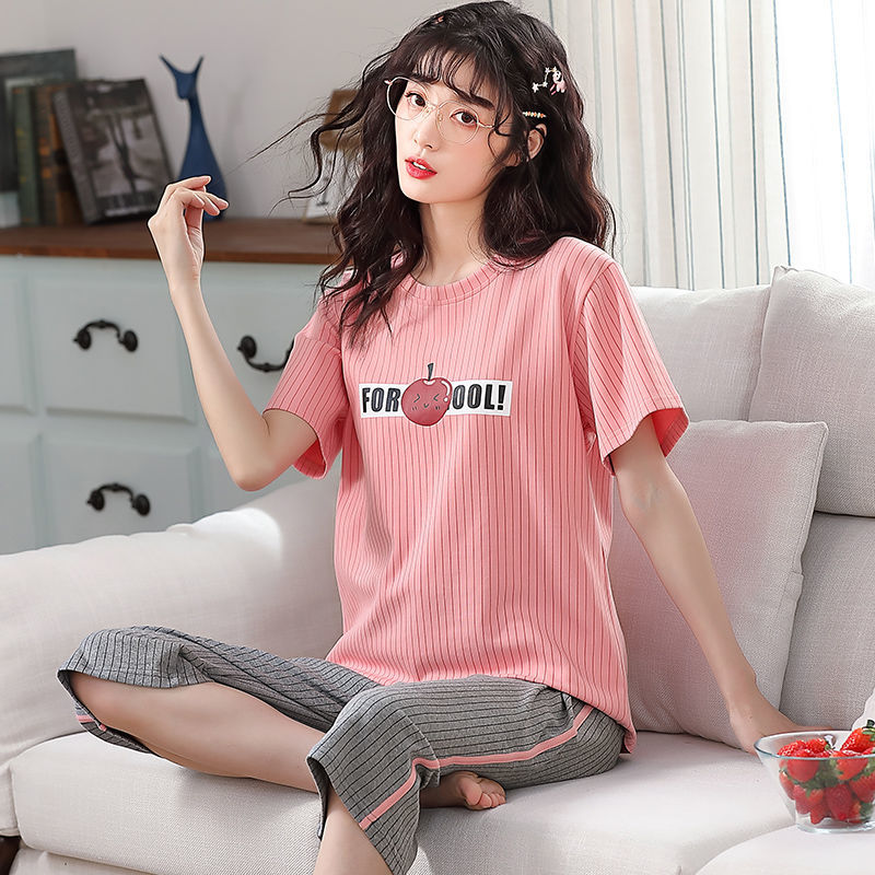 Pajamas Woman Summer Short Sleeves Seven Pants Pure Cotton Suit Students Cute Extras Wearing Korean Version Ladies'Thin' Sleepwear Pants Set
