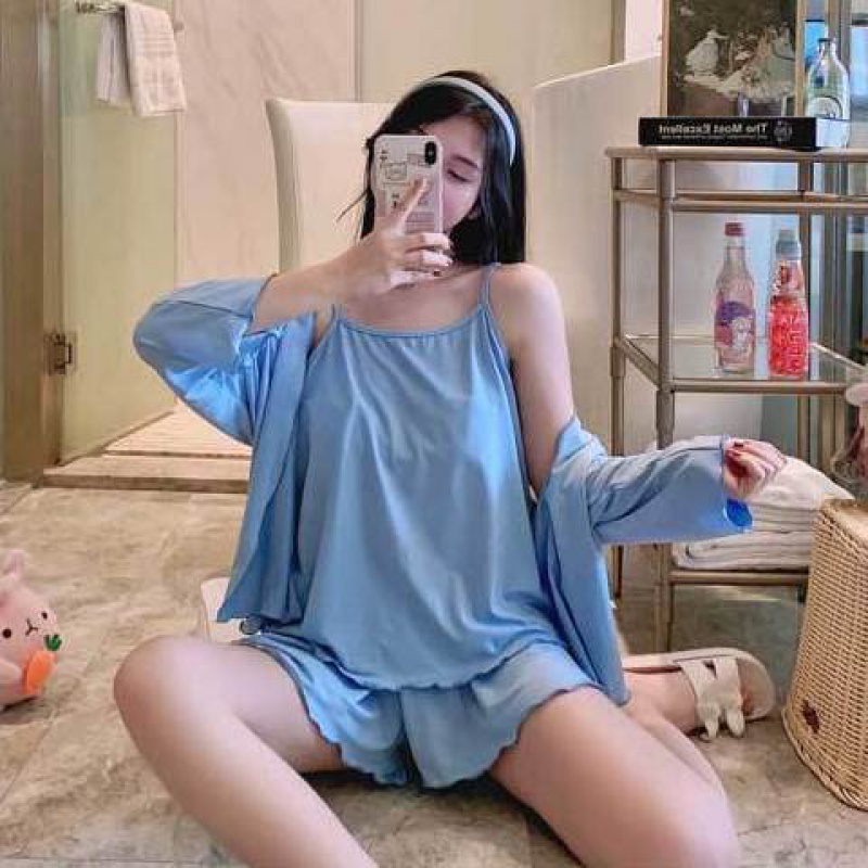 2021 New Sleepwear Woman Summer Sexy Harness Vest Three Suits Sleeveless Shorts Cute Spring Autumn Lady Pajamas