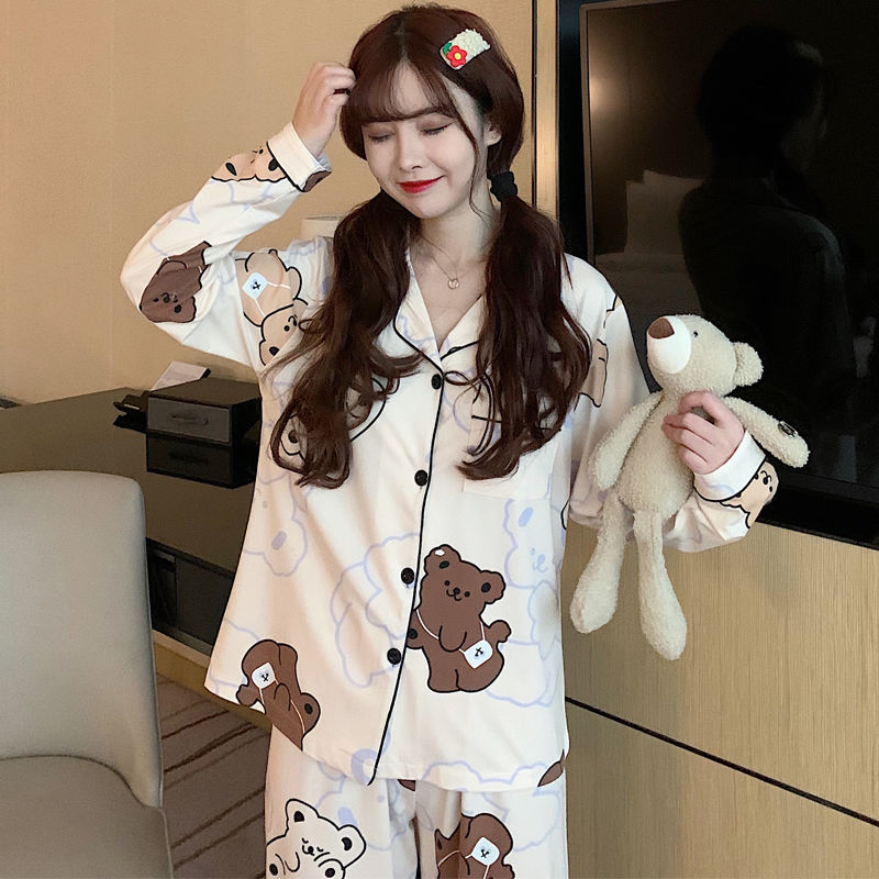 Pajamas female spring and autumn models student Korean version suit net red cute cartoon Western style can go out bear home clothes summer