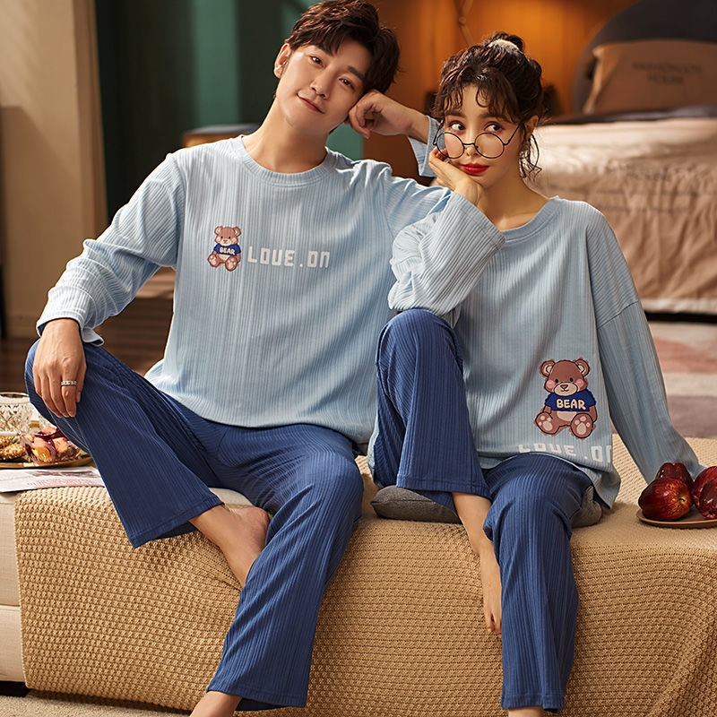 Couple spring and autumn two-piece pajamas Korean version sweet and fresh style women's pajamas men wear home clothes
