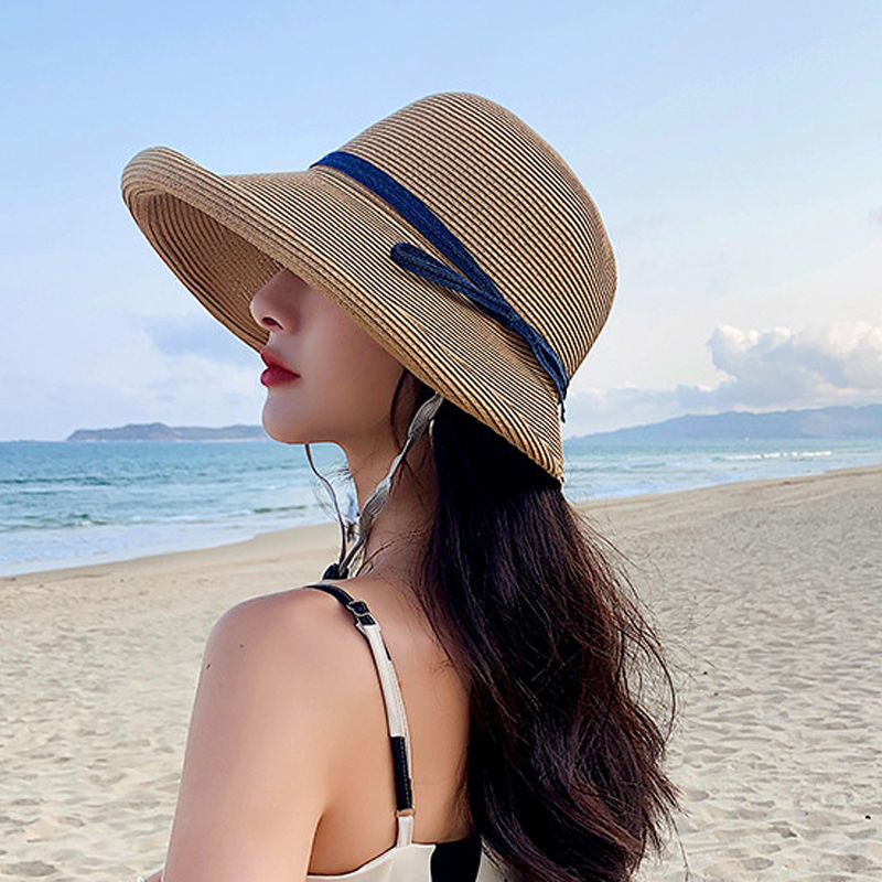 Evidison Free summer straw hat women's big brim travel beach sunshade sunscreen bow UV hat