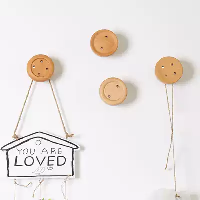 Solid Wood creative button adhesive hook Wood non-perforated door rear coat hook porch wall decoration strong sticky hook