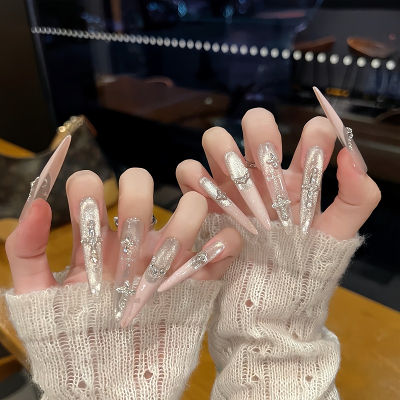【Moonlight Silver Veil】Cool Nude Pink Y2K Hot Girl Fine Glitter French Cross Long Handmade Wearable Nails