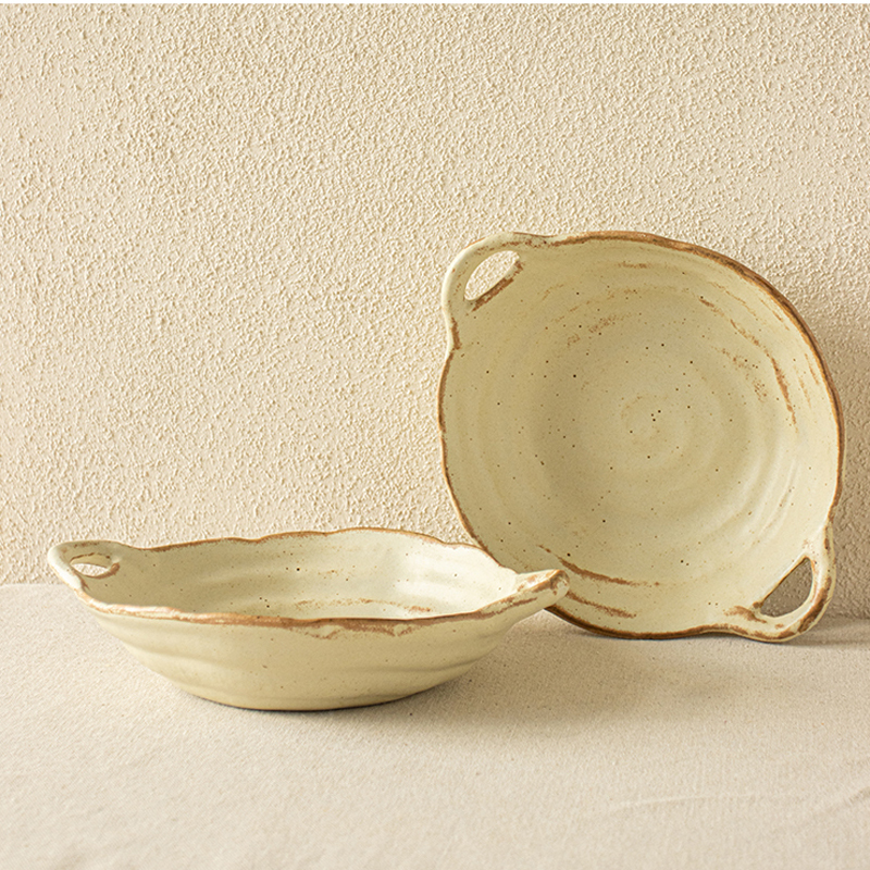 Ye Home【Original Handmade Double-Eared Bowl】 Rustic Pottery with an Aged Feel, Vintage Soup Bowl, Noodle Bowl, Curry Rice Bowl, Vegetable Bowl