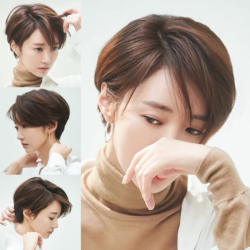 Wig Woman Short Hair Natural Hair Real Hair Full-Truth Man 2021 New Fashion Full Headgear Separate Hairstyle Wig Cover