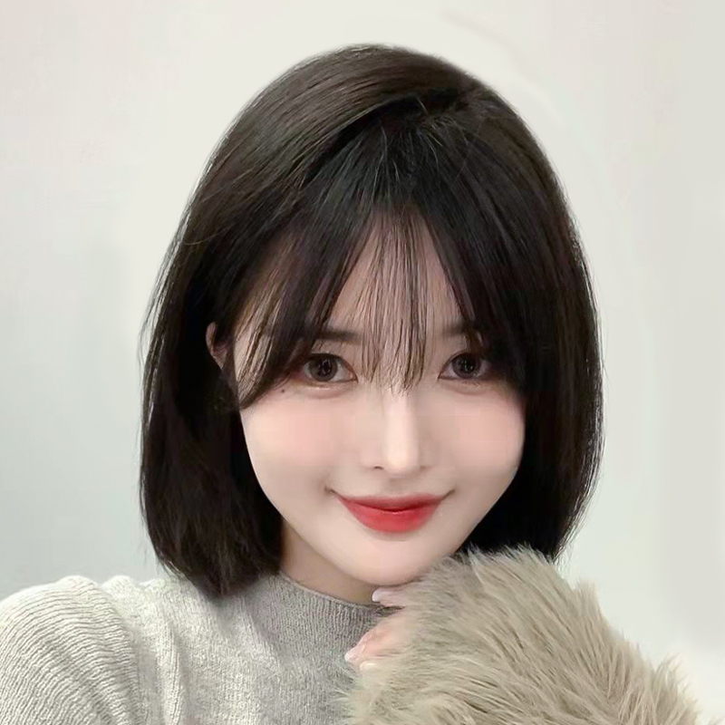 Wig short hair female real hair full real hair 2021 fashion new natural full head cover collarbone hairstyle wig set