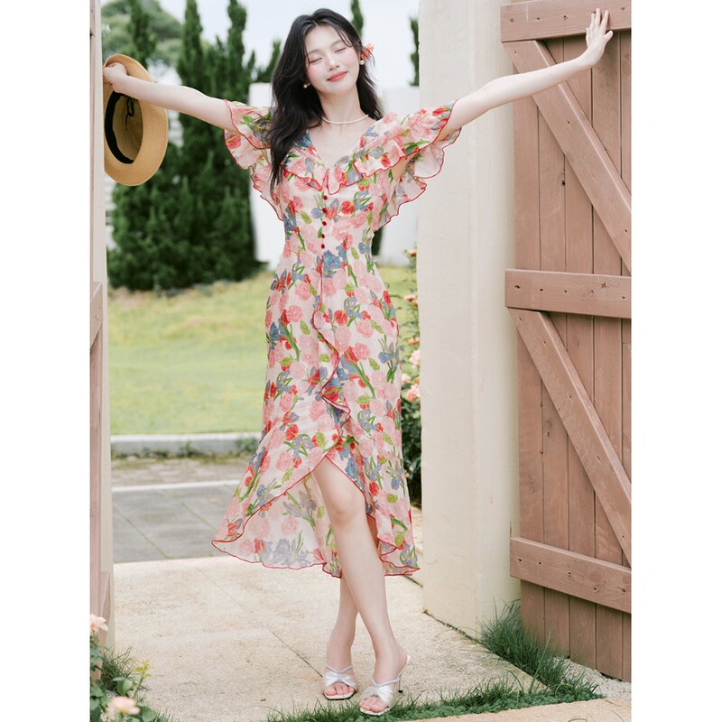 Pear-Shaped Body, Cape-Style, Waist-Cinching, Slimming, New Floral Print, French Style, Very Pretty Dress, Long Dress for Vacation