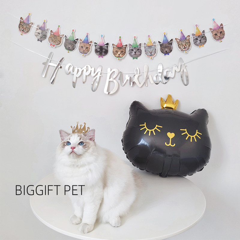 BIGGIFT ~ ins Crown kitty birthday scene placement Balloon Party Decoration Background Pull Flags Photo Props-Taobao
