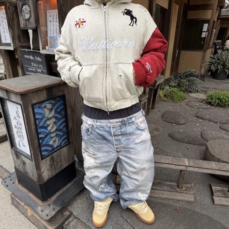 Protocol Index Fake Two-Piece Double-Waist 3D Digital Print Ripped Distressed Baggy Jeans Fan Chengcheng