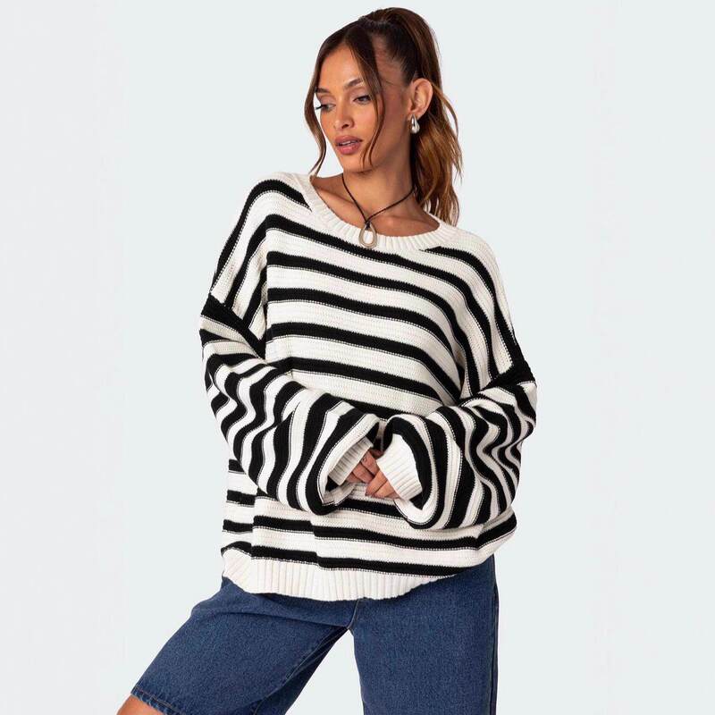 European and American Cross-Border Amazon New Round-Neck Striped Knit Sweater for Women, Lazy Style Fashion Pullover Sweater Jacket for Women