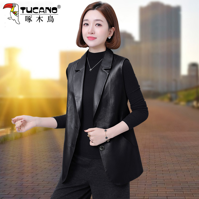 Woodpecker Black Leather Vest for Women 2026 New Spring and Autumn Fashionable and Stylish Outerwear Women's Genuine Leather Vest Jacket