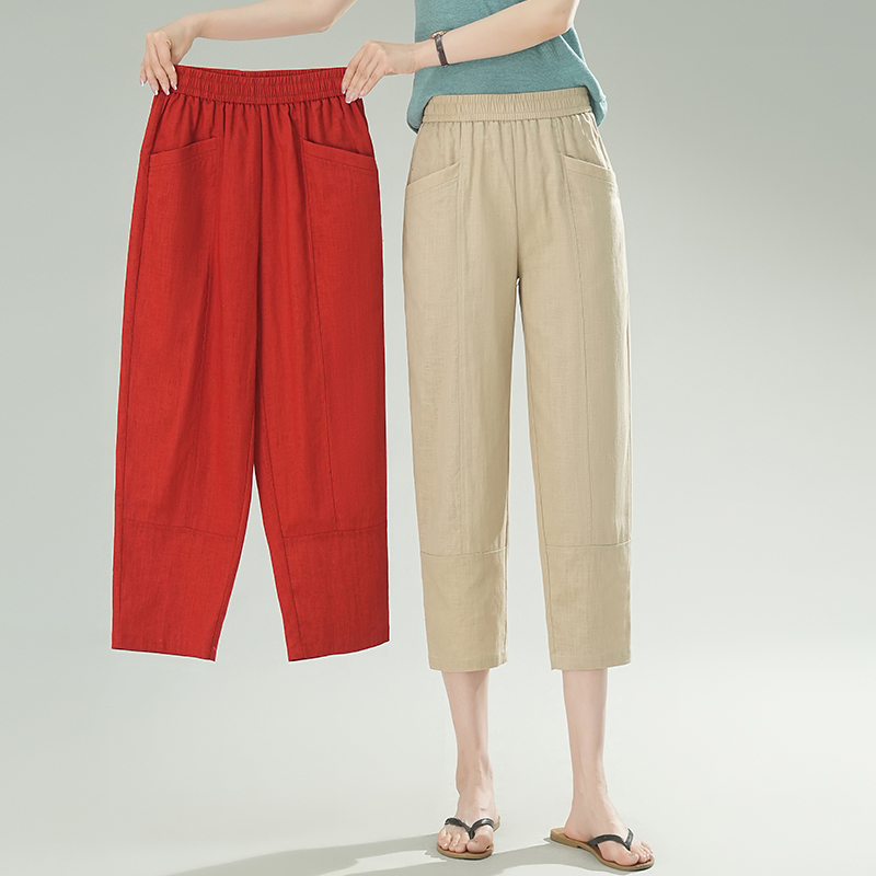 Summer Thin Cotton and Linen Capri Pants for Middle-Aged Mothers, Plus Size Loose Harem Women's Pants, Summer Breathable Casual Women's Pants