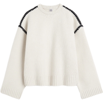 TOTEME Womens White Round Neck Contrast Embroidered Wool Blend Sweater