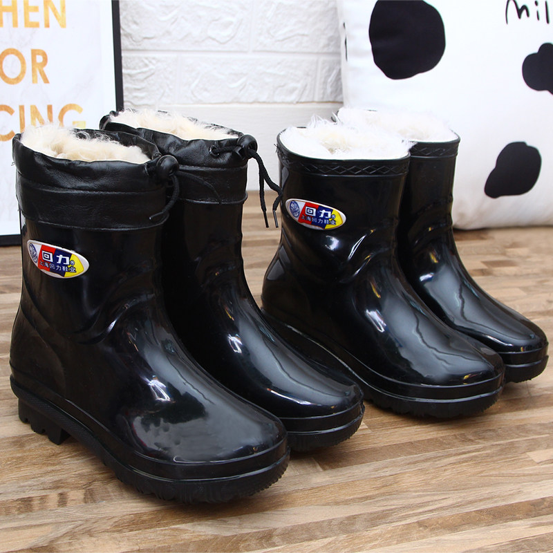 Pull back new rain boots women's mid-tube non-slip rain boots waterproof kitchen water boots plus velvet cotton warm water shoes work rain boots