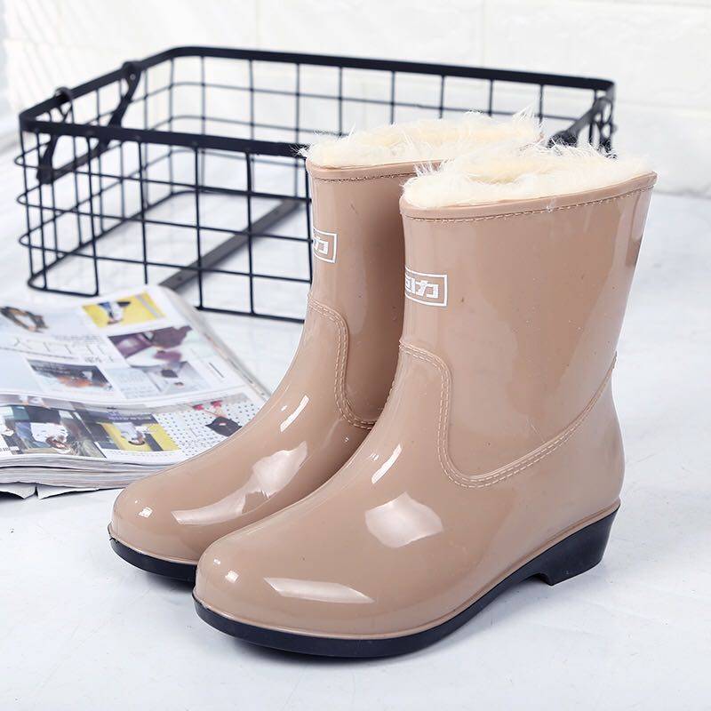Pull back rain boots women's autumn and winter plus velvet and cotton warm mid-tube water shoes waterproof non-slip work rain boots short tube water boots