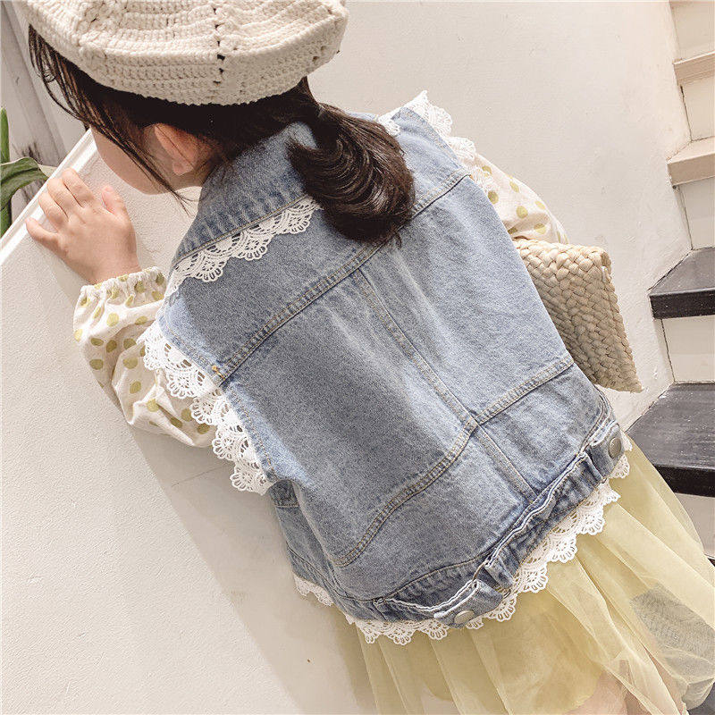 Children's vest female foreign style fashion children's girls denim lace vest spring and autumn baby denim vest female Korean version