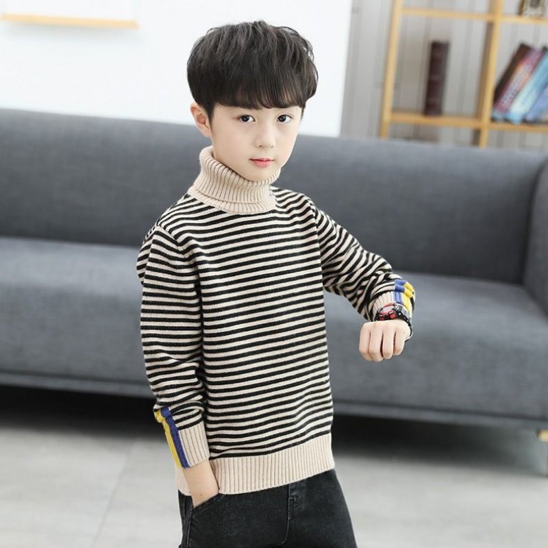 Boys' sweater plus velvet thickened 2020 new autumn and winter high-necked foreign style warm striped bottoming top for big children