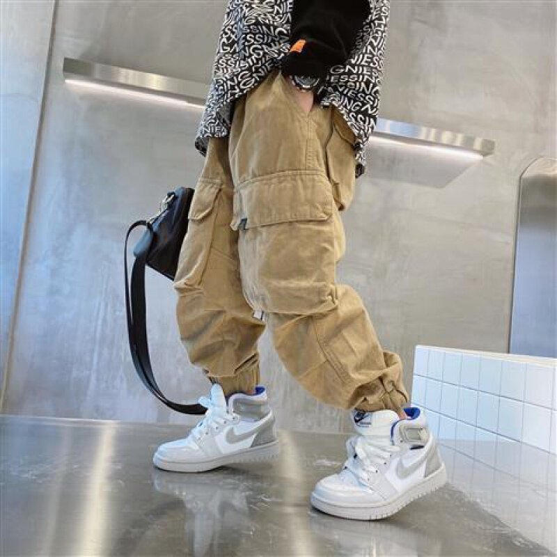 Boys' Pants Boys' Cargo Pants 2021 New Children's Spring and Autumn Models Medium and Big Kids (Single Pants Plus Fleece) Trousers