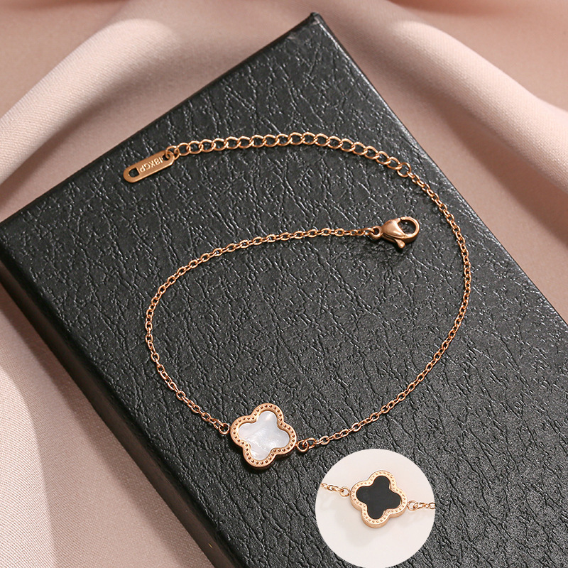 Titanium Steel Simple Double-Sided Four-Leaf Clover Anklet 18K Rose Gold Shell Fashion Accessory Non-Fading ins Niche Jewelry