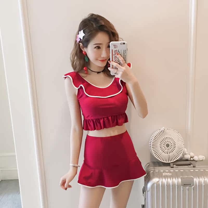 Swimwear women two-piece skirt flat corner student girl hipster cute swimsuit small chest gathering hot spring swimsuit