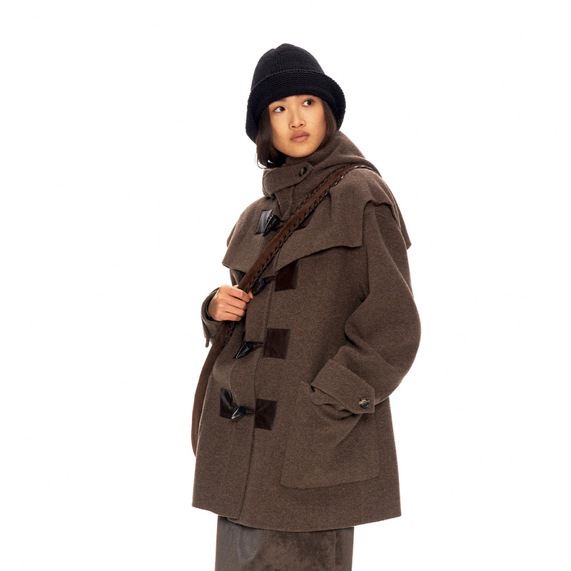 Fax Copy Express* Large Flap Pocket Horn Buckle Hooded Woolen Coat Fax Copy Express* Large Flap Pocket Horn Buckle Hooded Woolen Coat