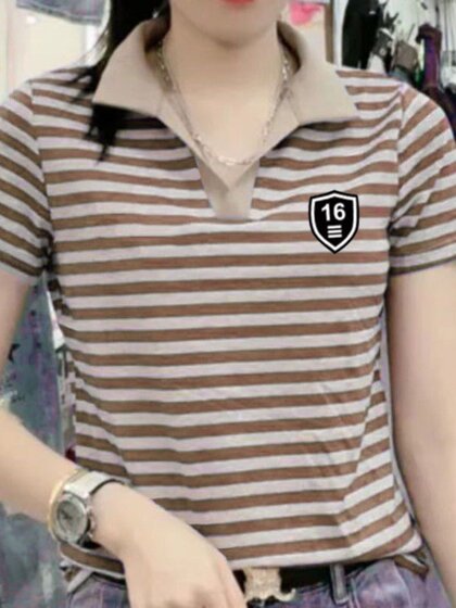 中年妈妈条纹polo领短袖t恤女2025夏季新款大码显瘦女士小衫上衣