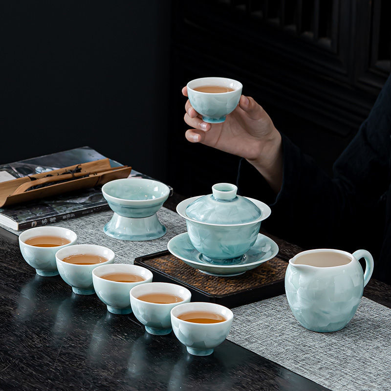 Crystal Glaze Kung Fu Tea Set, Blue Crackle Ice Flower, Home Living Room Office Reception Ceramic Xishi Gift Box