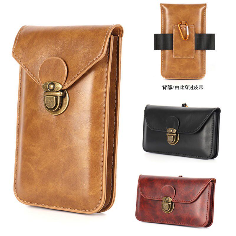 New Cow Leather Cell Phone Bag Men Ultra Slim Waterproof Wear Belt Multifunction pack Site working mobile phone protective sheath hanging bag