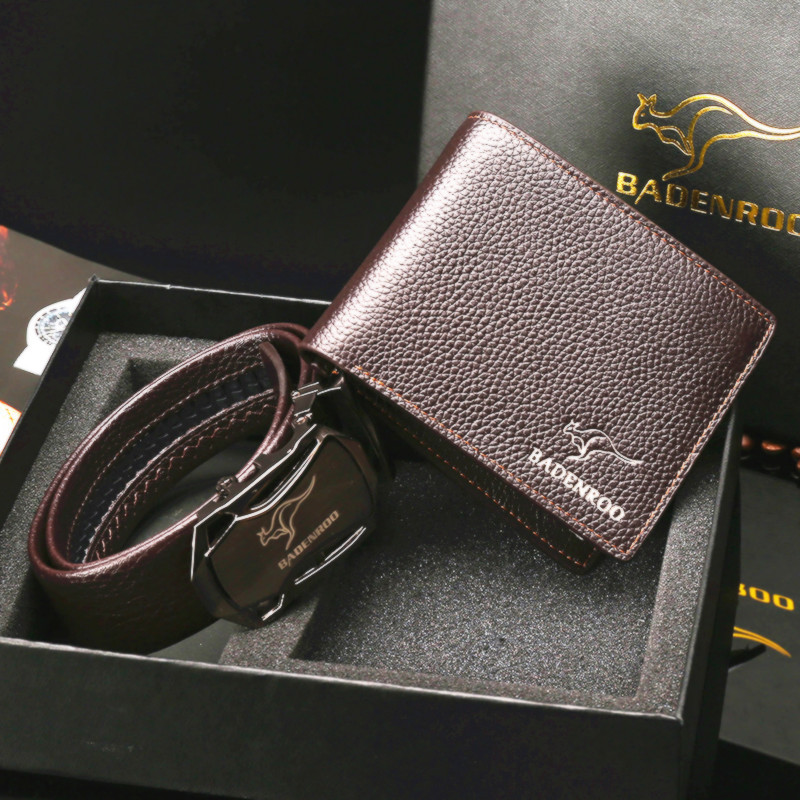 New men's wallet short leather wallet multi-card position first layer cowhide wallet belt gift box set black brown