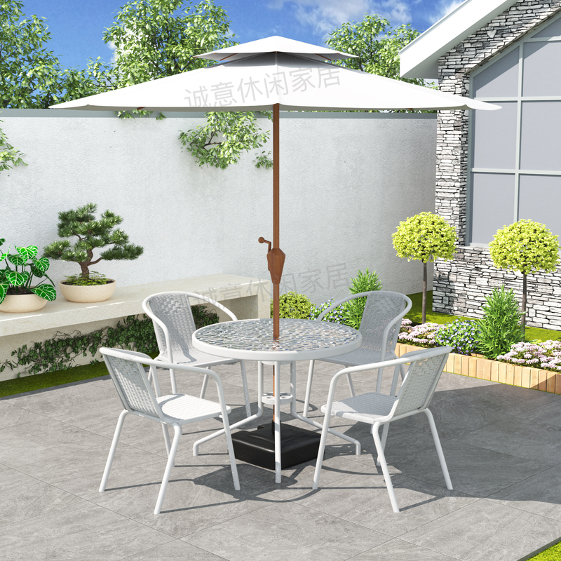 Internet-Famous White Outdoor Table and Chair Set with Umbrella for Courtyard, Open-Air Wrought Iron Milk Tea Shop, Waterproof and Sun-Protective Parasol
