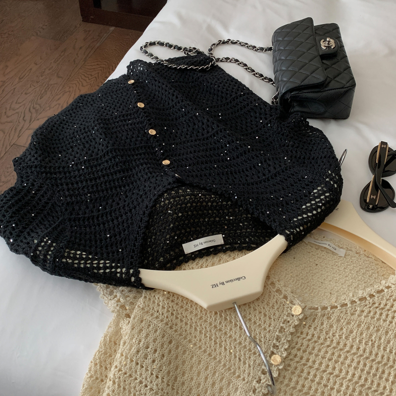 Hz「European Imported Sequin Linen」Light Luxury Age-Reducing Heavy Hand-Crocheted Lace Hollow Knitwear Summer 0888