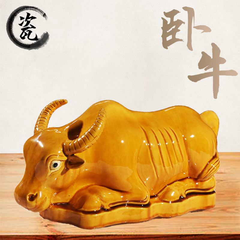 Ceramic Cow Figurine for Bathroom, Home, Kitchen, Ceramic Cow Craft, Cow Drinking Water, Yellow Cow, Water Cow, Lying Cow