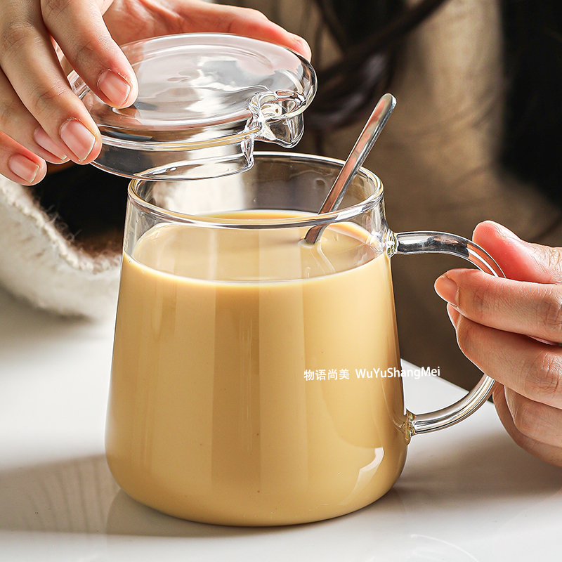 High Borosilicate Glass Cup with Lid and Spoon, Drinking Cup with Handle, Heat-Resistant and Explosion-Proof Breakfast Milk Cup, Can Be Heated High Borosilicate Glass Cup with Lid and Spoon, Drinking Cup with Handle, Heat-Resistant and Explosion-Proof Breakfast Milk Cup, Can Be Heated