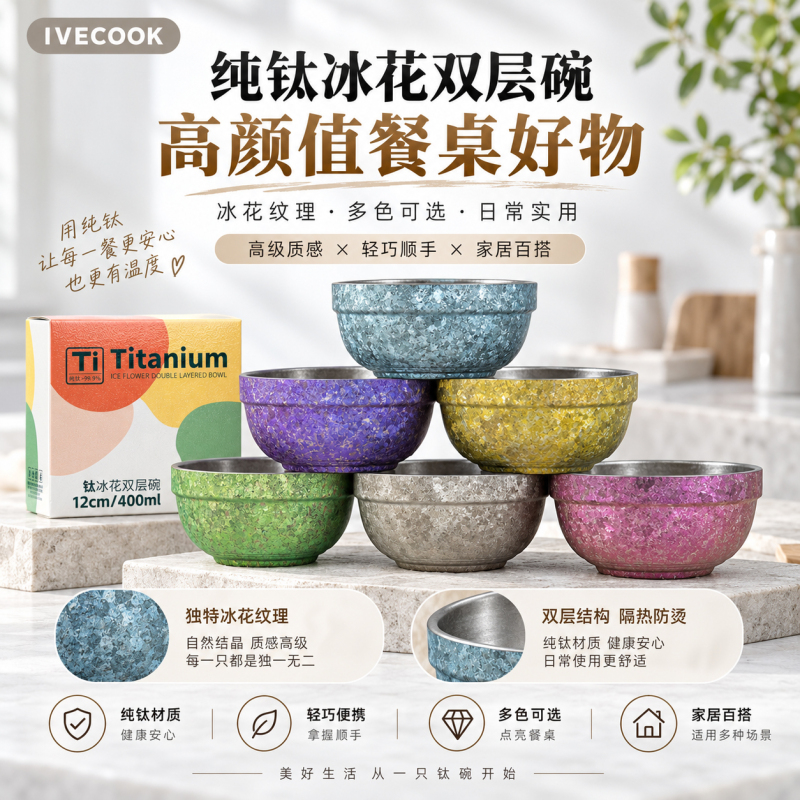 Ivecook Pure Titanium Ice Flower Double-Layer Bowl for Home Use, Heat-Insulating and Anti-Scalding, Acid and Alkali Resistant, Odor-Proof, High-Value Titanium Bowl