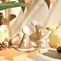 ins Linen wooden birthday hat One 1 year old baby birthday headdress decoration dress up party supplies Photo props
