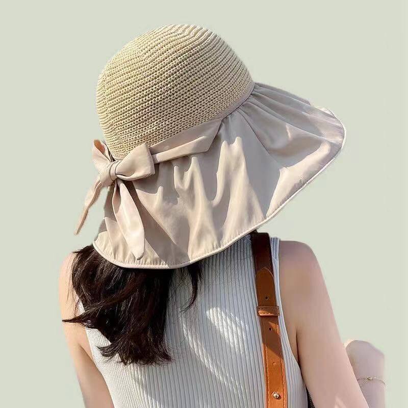 Black glue bow hat women's summer hollow straw hat UV big brim cover face sunscreen sun fisherman hat