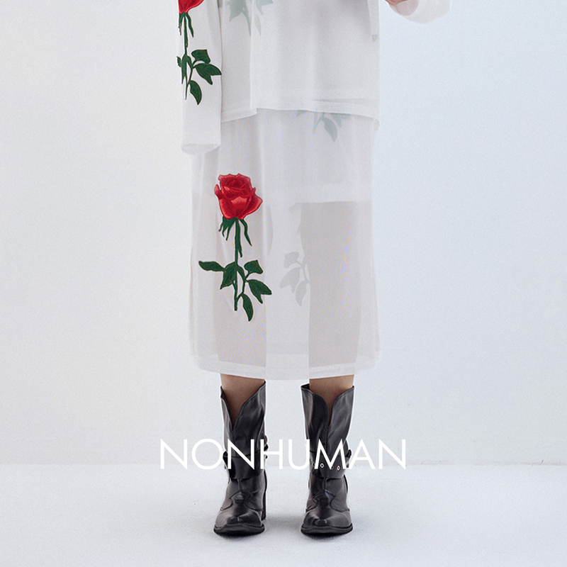 Nonhuman Ant Home Retro Red Rose Double-Layer Mesh Digital Print Outer Layer Mid-Length Skirt